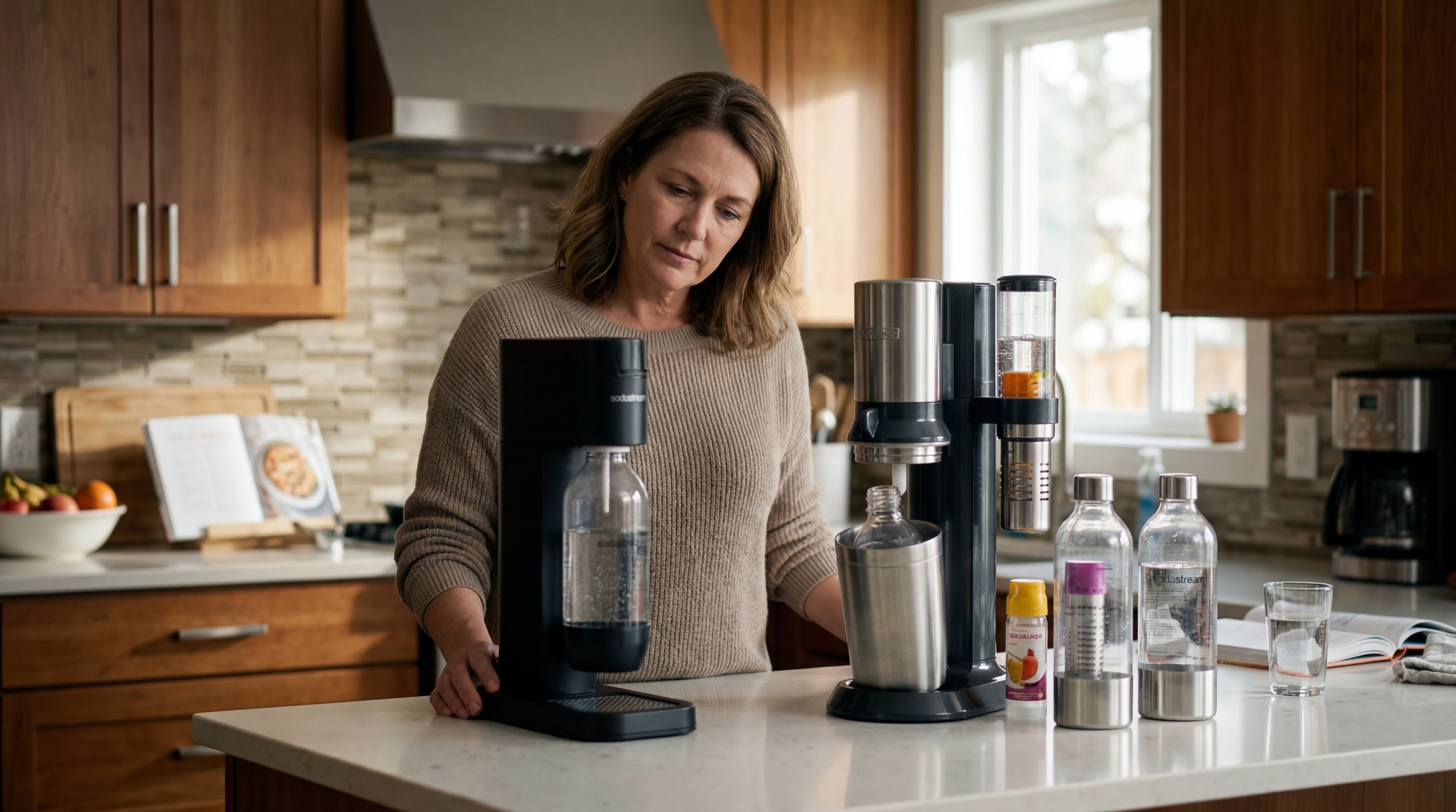 User comparing a standard sparkling water machine with a more advanced beverage carbonation system on a kitchen counter